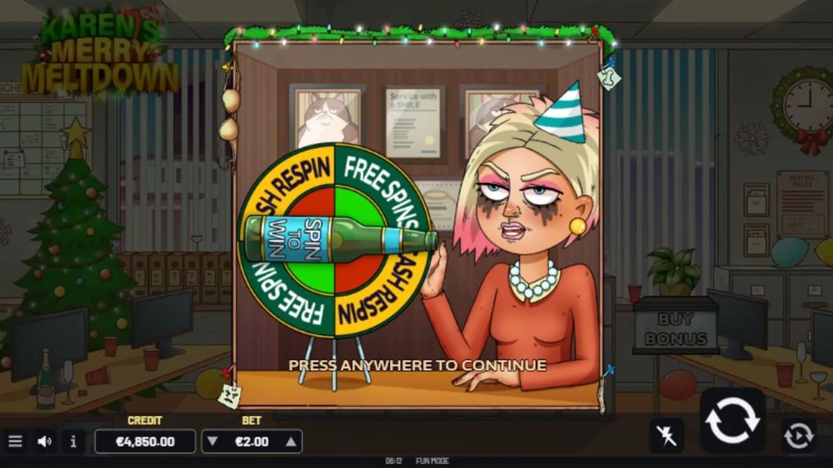 Tampilan layar ponsel menampilkan slot Karen’s Merry Meltdown dengan desain meriah