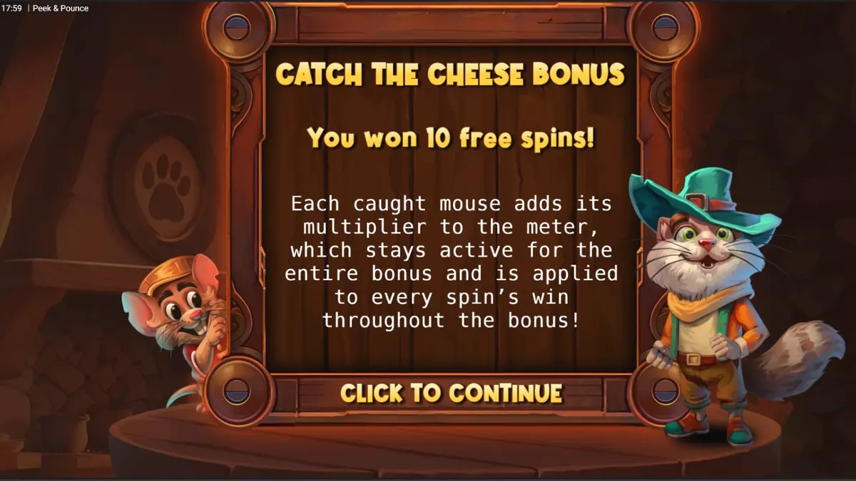 Tampilan visual slot Peek & Pounce dengan karakter kucing dan tikus yang lucu