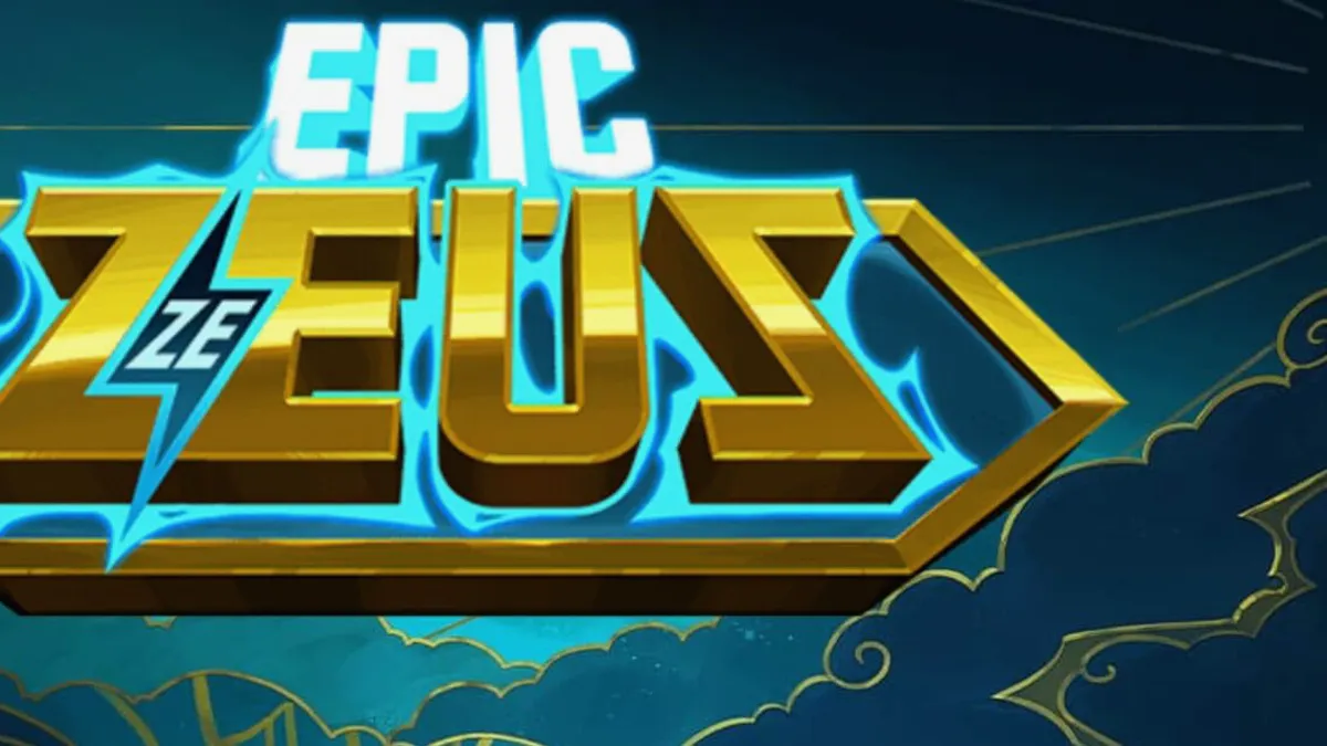 Tampilan visual epik dari slot Epic Ze Zeus dengan latar belakang kuil Yunani dan petir yang menyambar.