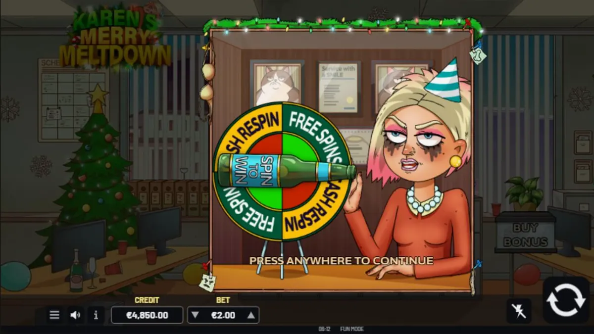 Tampilan visual slot Karen’s Merry Meltdown dengan tema pesta kantor yang kacau